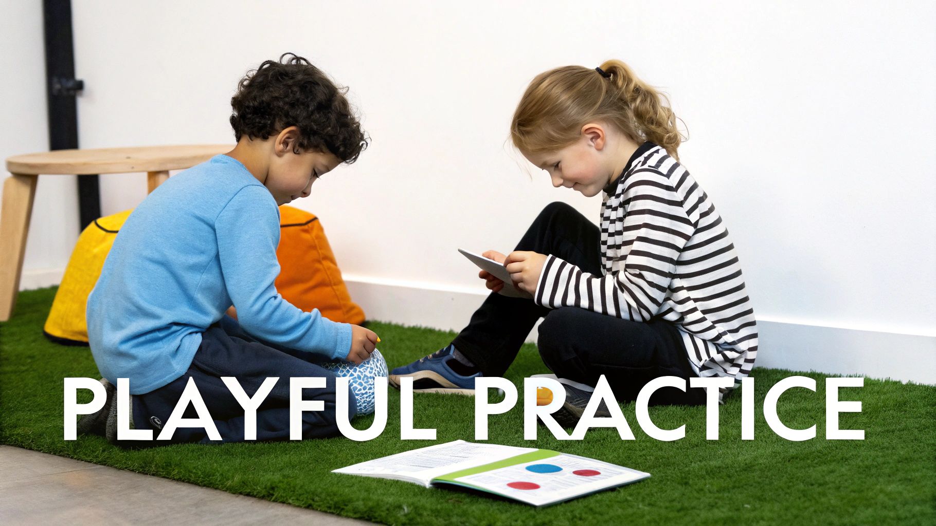 A group of diverse children playing a game in a bright, modern classroom.