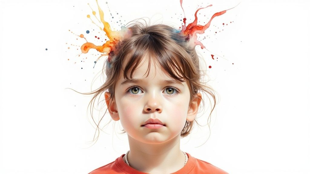 A Practical Guide to PDA and Autism 2 A young child with a neutral expression, colorful watercolor splashes burst from her head on a white background.