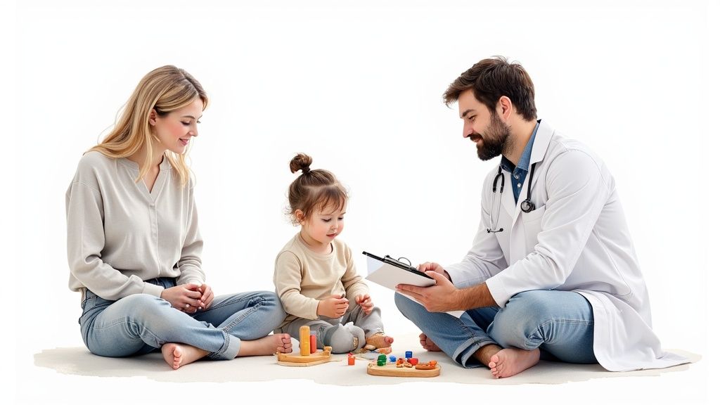 Explore autism treatment in dubai: A Practical Guide for Families 2 A female parent, a child playing with toys, and a male doctor consulting, sitting on the floor.