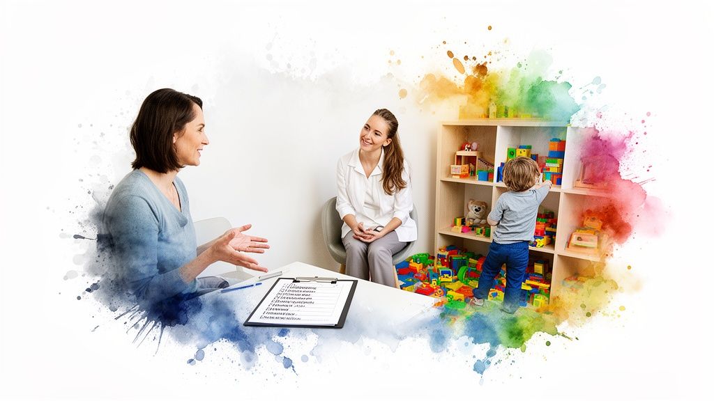 A woman consults with a therapist while a child plays with colorful toys in a supportive environment.