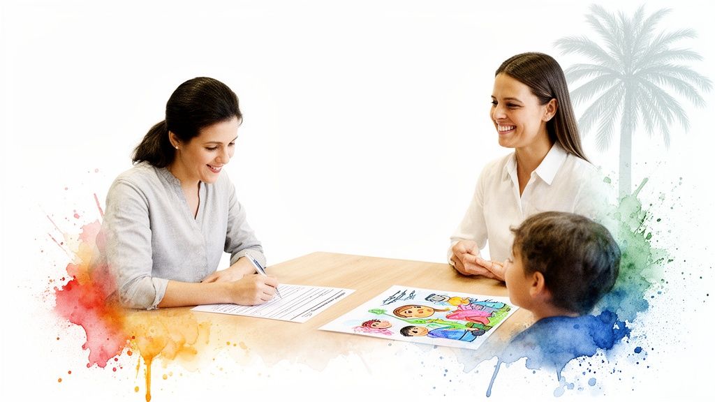 Smiling women and child at a table with a colorful drawing, possibly a therapy session.