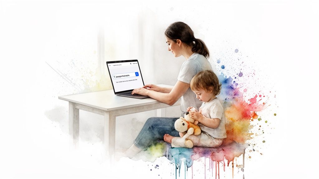 Finding a Language Therapist Near Me A Parent's Guide 1 Mother working on laptop with child holding a teddy bear, searching for a language therapist with this language therapist near me