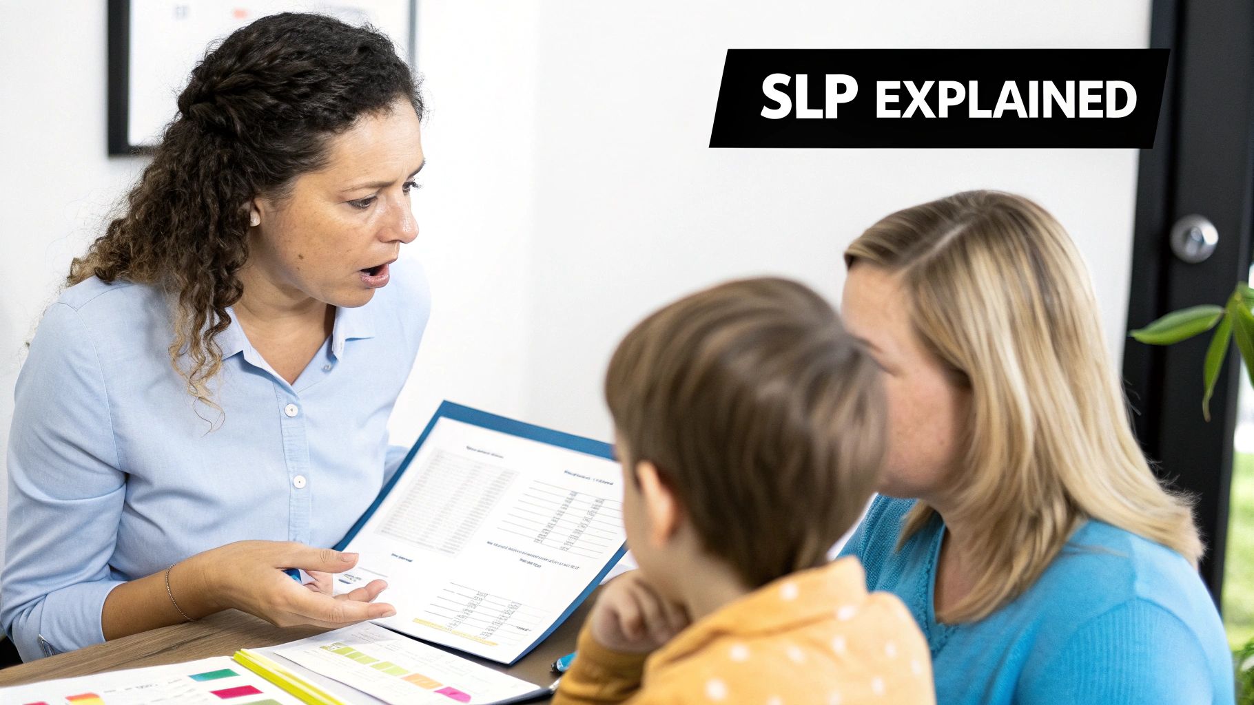 A speech therapist works with an adult patient, pointing to a diagram of the mouth and throat.