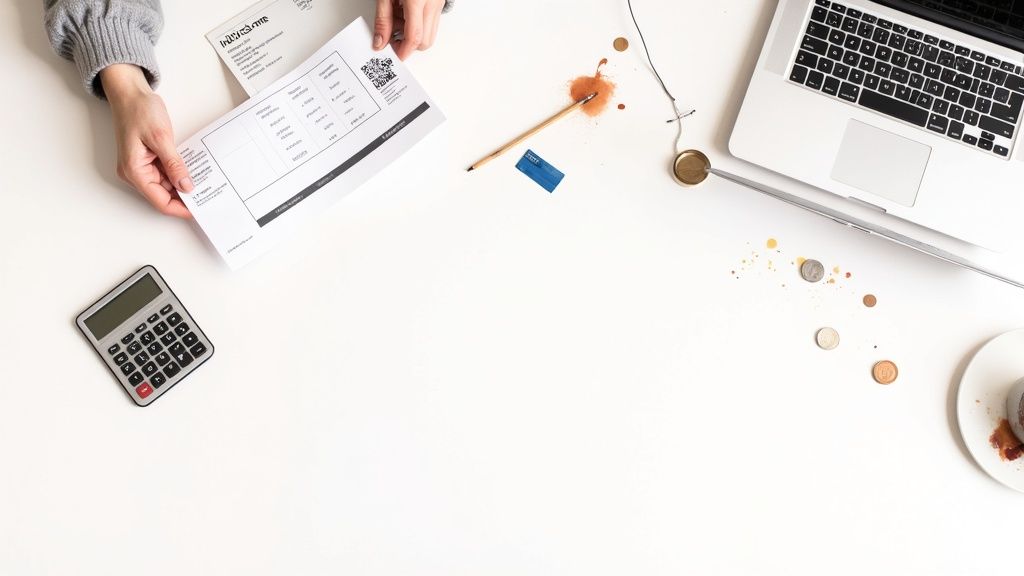 Overhead shot of hands holding documents with a calculator, laptop, and scattered coins on a white desk.