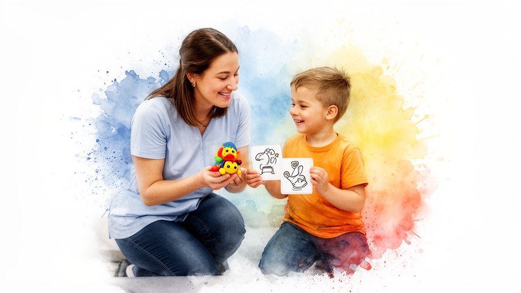 A smiling woman and child interact during speech therapy, using a colorful toy and learning cards.