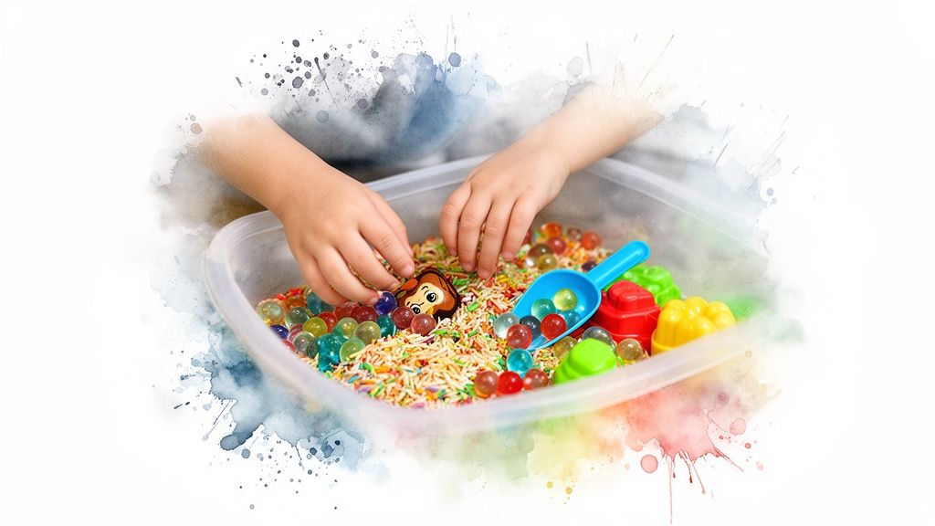 Indoor Activities for Kids at Home: 10 Therapy-Backed Ideas 1 A child's hands engaging in sensory play with colorful beads and rice in a bin.