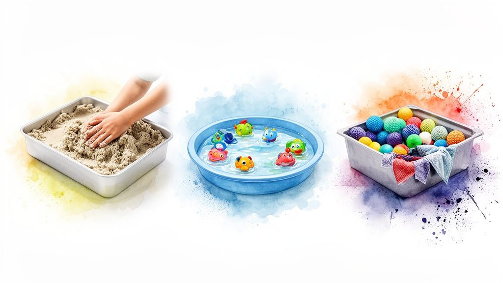 Three distinct sensory play stations: kinetic sand, water with floating toys Indoor Activities for Kindergarteners