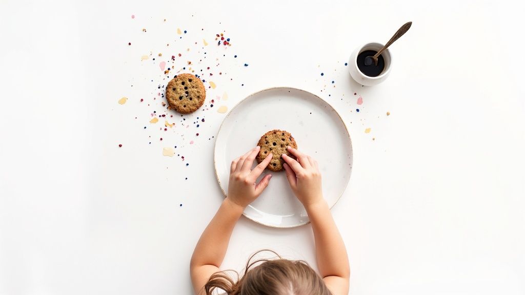 A child sits at a table with an open book, surrounded by colorful crayons and art supplies.