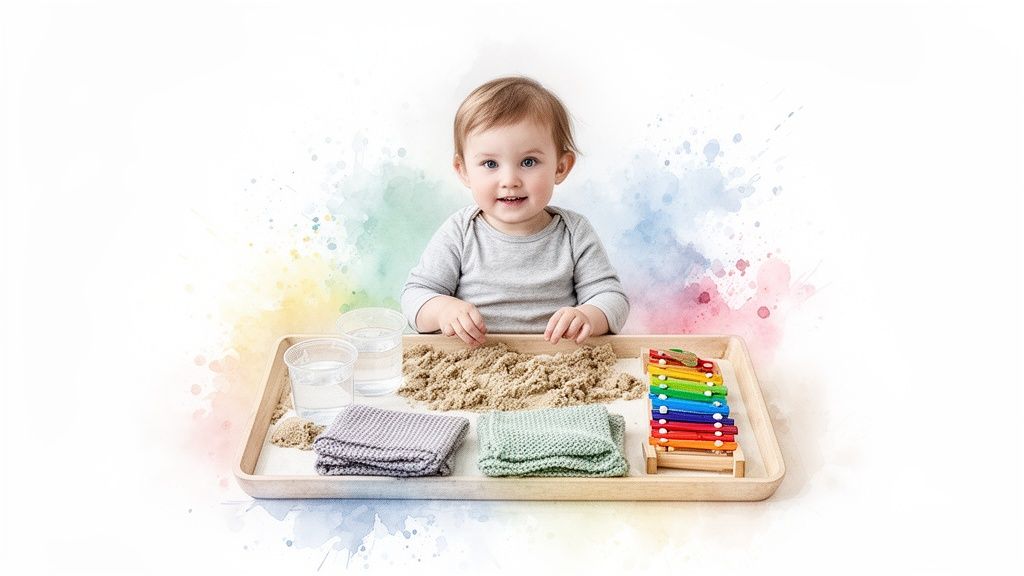 10 Therapist-Approved Indoor Childrens Activities for Developmental Growth 1 A happy baby plays with kinetic sand, water, and a colorful xylophone on a wooden tray.