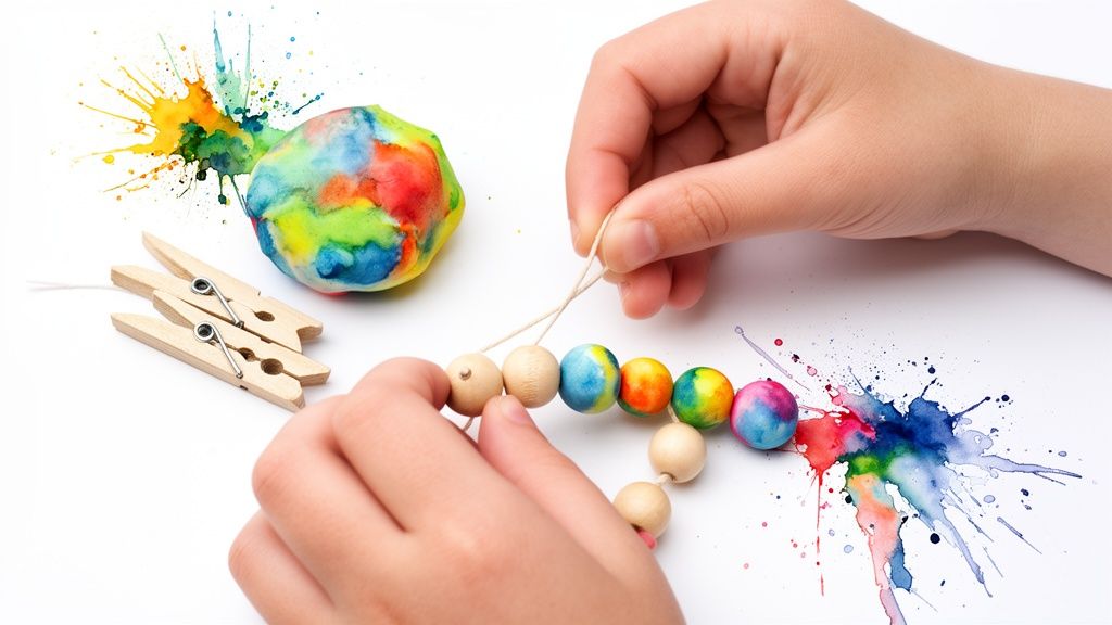 Child's hands stringing colorful and natural wooden beads, surrounded by paint splatters and craft supplies.