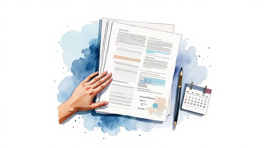 Finding Autism Centers Near Me and Choosing the Right Support 4 Watercolor illustration of a hand reviewing documents, a pen, and a calendar on a blue background.