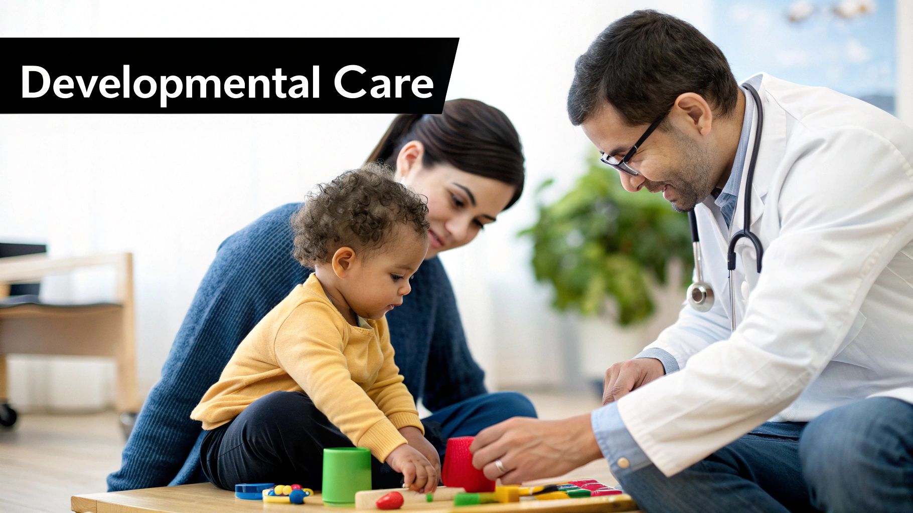 A developmental pediatrician sitting at a desk and smiling while speaking with the parents of a young child.