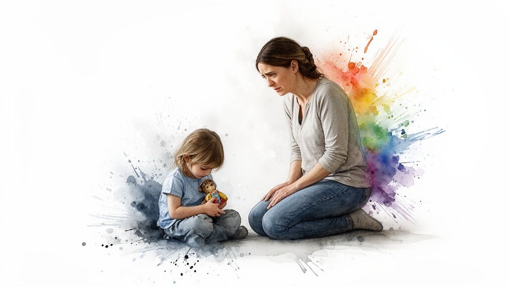 A concerned woman kneels near a sad child holding a doll, surrounded by watercolor splatters.