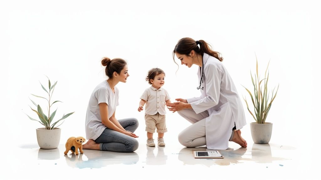Toddler playing with parents in a clinic