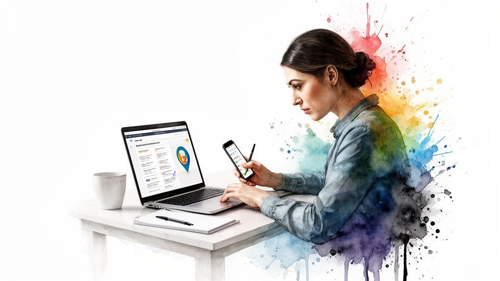 Clinical Psychologist Near Me. Woman working on a laptop and smartphone at a desk with colorful watercolor splashes.