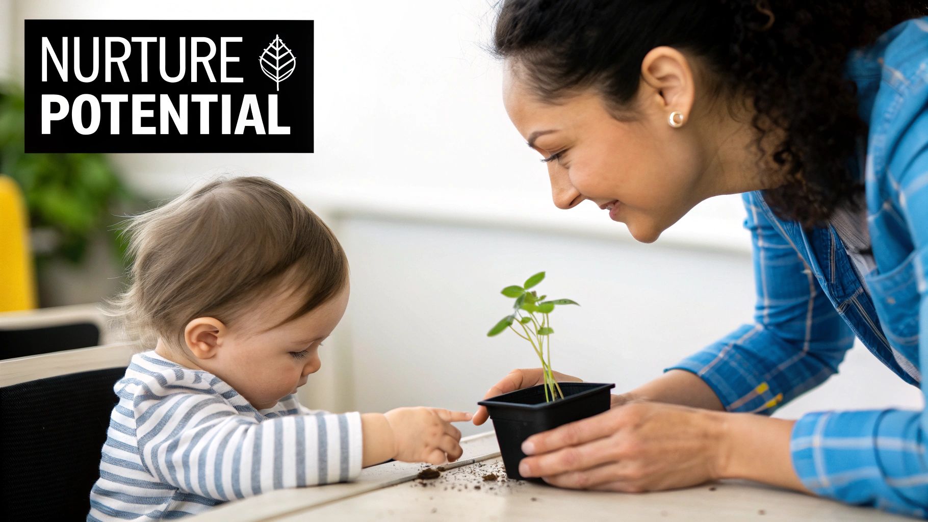 A therapist working with a young child on a colourful mat in an early intervention program