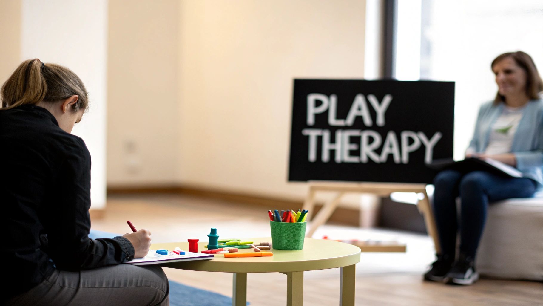 A child psychologist and a young boy engaged in play therapy on the floor of a bright, inviting room.