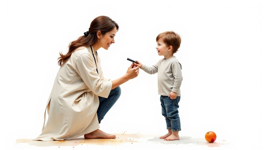 A smiling therapist interacts with a happy toddler, holding a dark object, possibly during a speech therapy session.