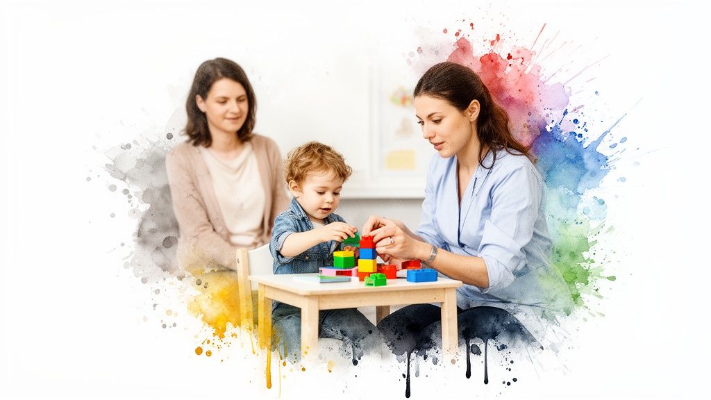Finding a Language Therapist Near Me A Parent's Guide 3 A language therapist helps a child play with building blocks while a parent observes.