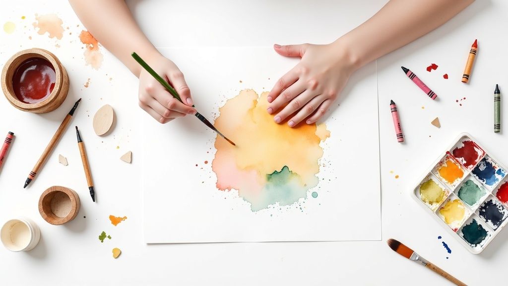 Top-down view of hands painting a watercolor abstract design with art supplies.