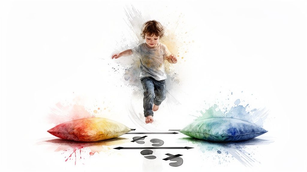 Indoor Activities for Kids at Home: 10 Therapy-Backed Ideas 3 A watercolor style image of a happy child running between colorful pillows and symbols.