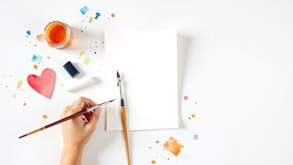 Overhead view of a hand painting on white paper surrounded by colorful art supplies.