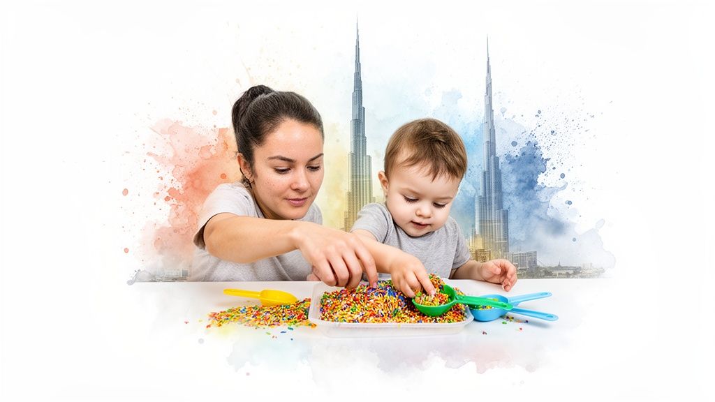 Woman and baby enjoying sensory play with colorful sprinkles and scoops, set against a Dubai skyline.