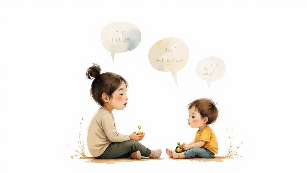 Watercolor illustration of two young children sitting and conversing, with speech bubbles symbolizing early language.
