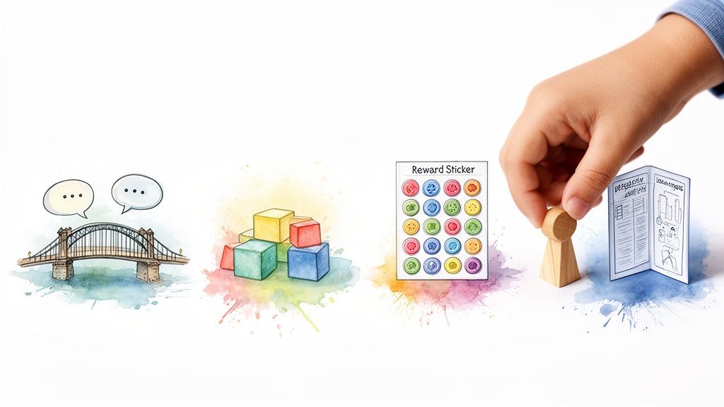 early learning centre dubai with watercolor illustration of a child's hand playing with various  elements and rewards.