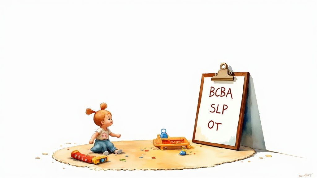 Finding Autism Centers Near Me and Choosing the Right Support 2 A young child plays with toys on a mat, looking at a clipboard with BCBA, SLP, OT written on it.