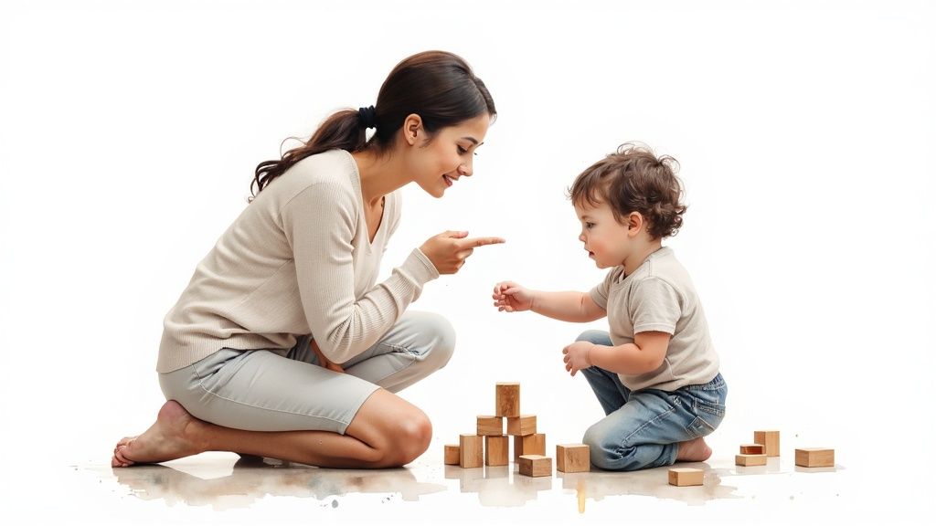 A smiling woman and a young child playing with wooden blocks, fostering early childhood development.