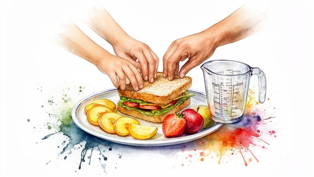 Two pairs of hands, one adult and one child, preparing a healthy sandwich with fresh fruit on a plate.