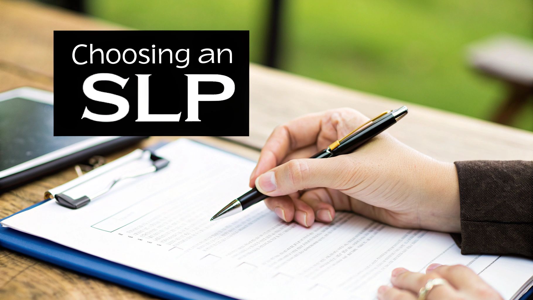 A friendly speech pathologist discusses a therapy plan with a parent in a calm, professional office setting.