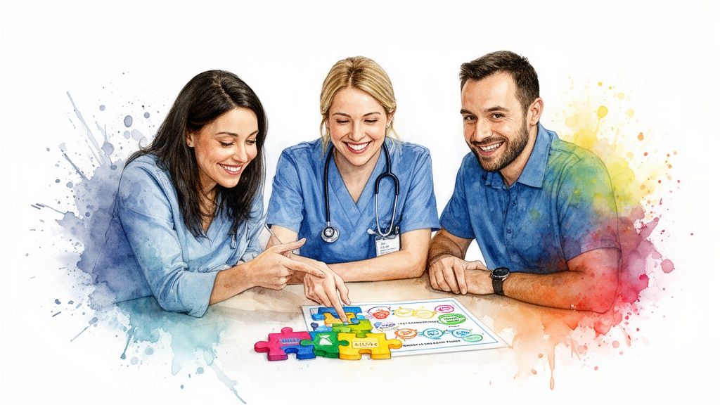 Three smiling professionals, including a medical worker, collaboratively assembling a colorful puzzle on a diagram.