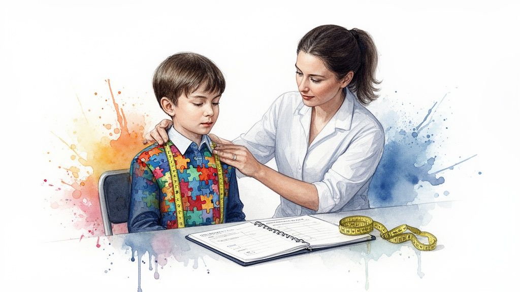 A Parent's Guide to Choosing the Right Early Childhood Centre 3 A woman measures a young boy in a puzzle-patterned shirt, symbolizing support for children with autism.
