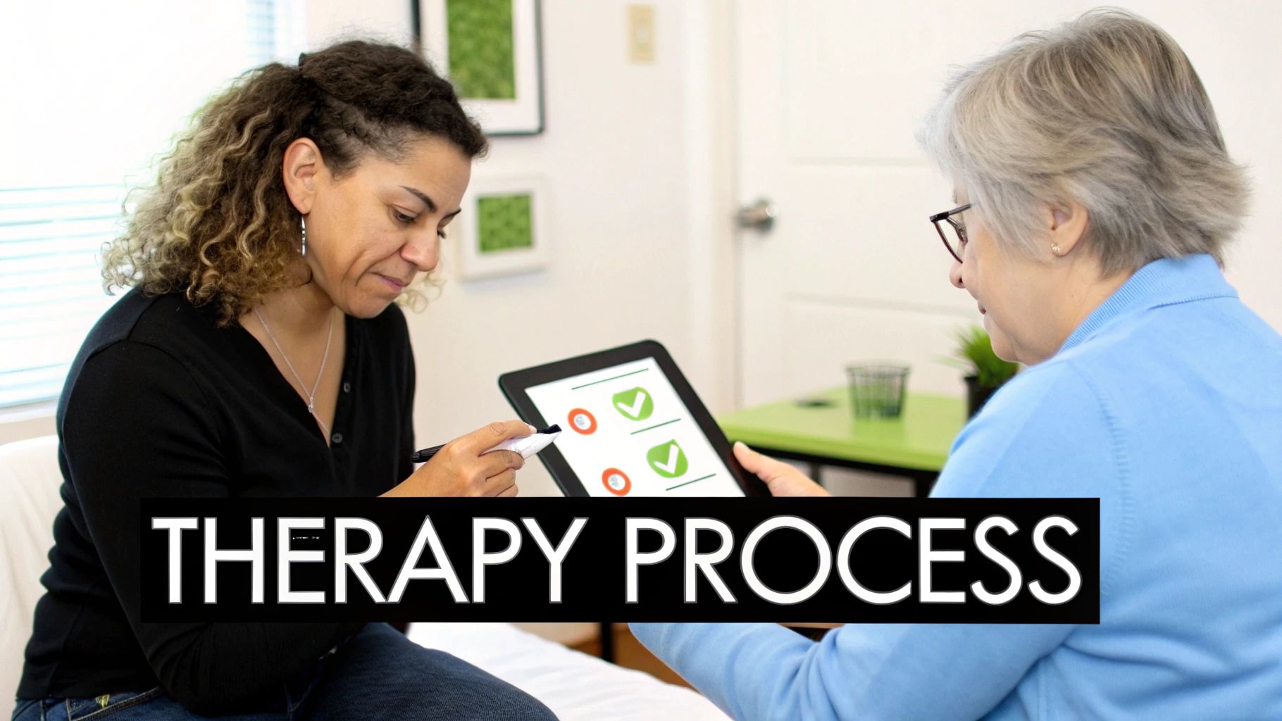 An occupational therapist collaborating with a client on a treatment plan in a bright Dubai clinic.