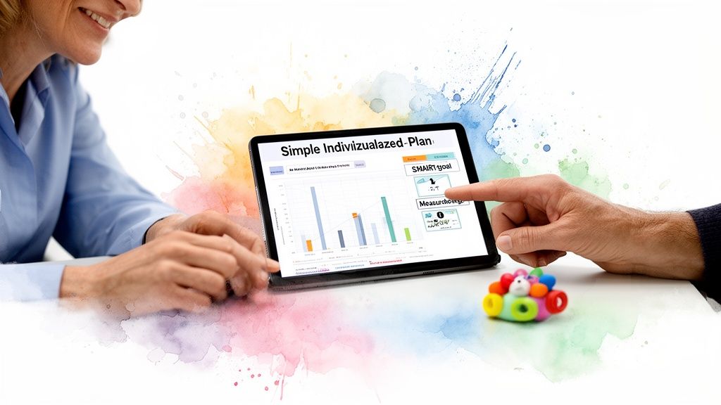 Adults discussing a personalized learning plan on a tablet, with charts and a SMART goal.
