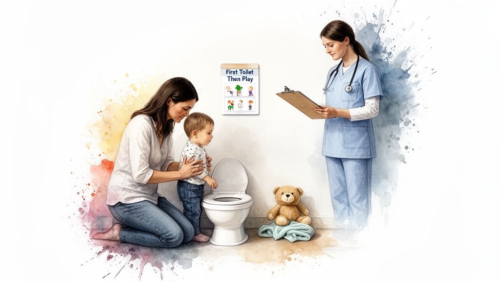 A Guide to The Toilet Training for Children with Autism 1 A mother guides a child during toilet training, observed by a healthcare professional, with a helpful chart nearby. Toilet training for children is special training in georgetown abudhbai
