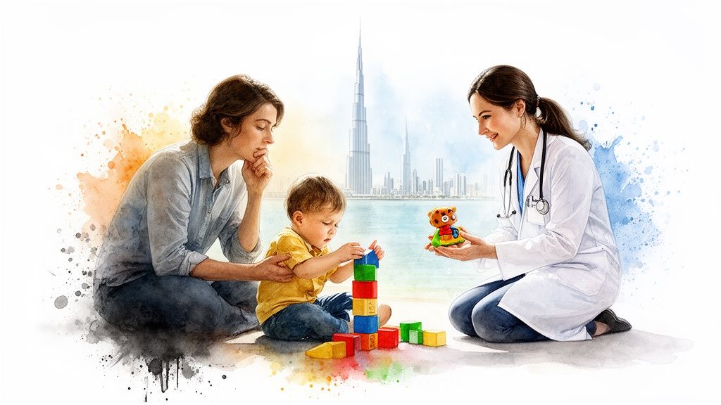 A clinical psychologist interacts with a child and mother playing with blocks, Dubai skyline in background.