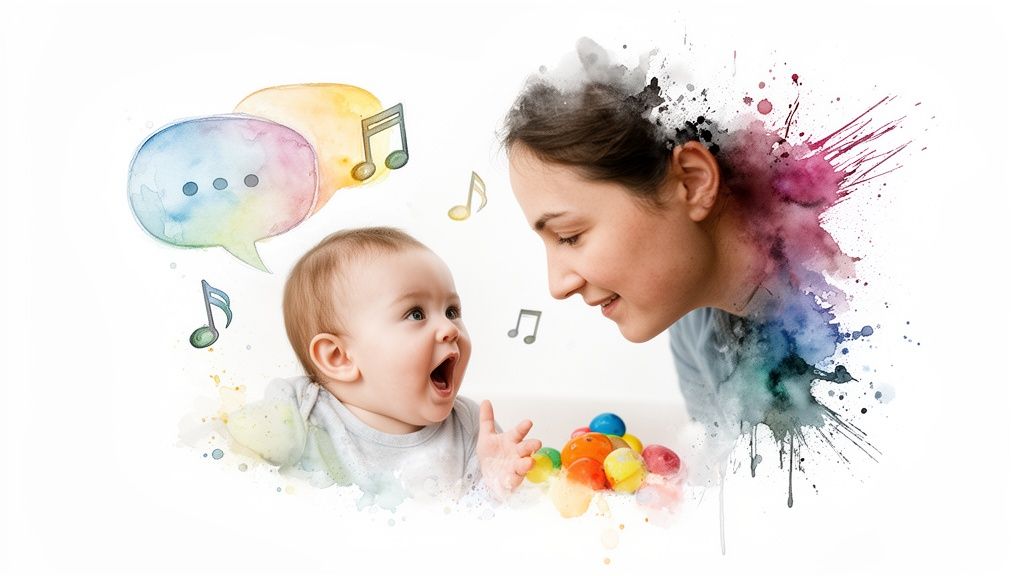 A watercolor image of a smiling mother and baby interacting, with speech bubbles and musical notes.