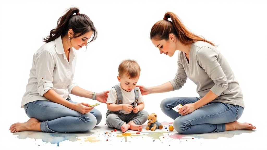 Two women and a baby sit on the floor, playing with art supplies and a teddy bear.