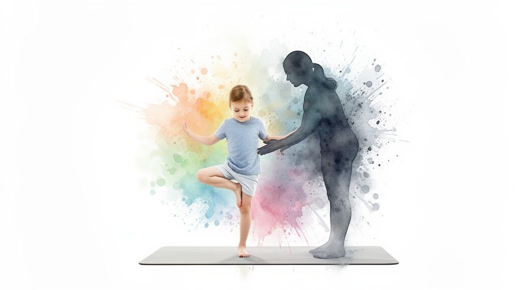 A child practices tree yoga pose, guided by an adult silhouette, amidst colorful watercolor splashes.