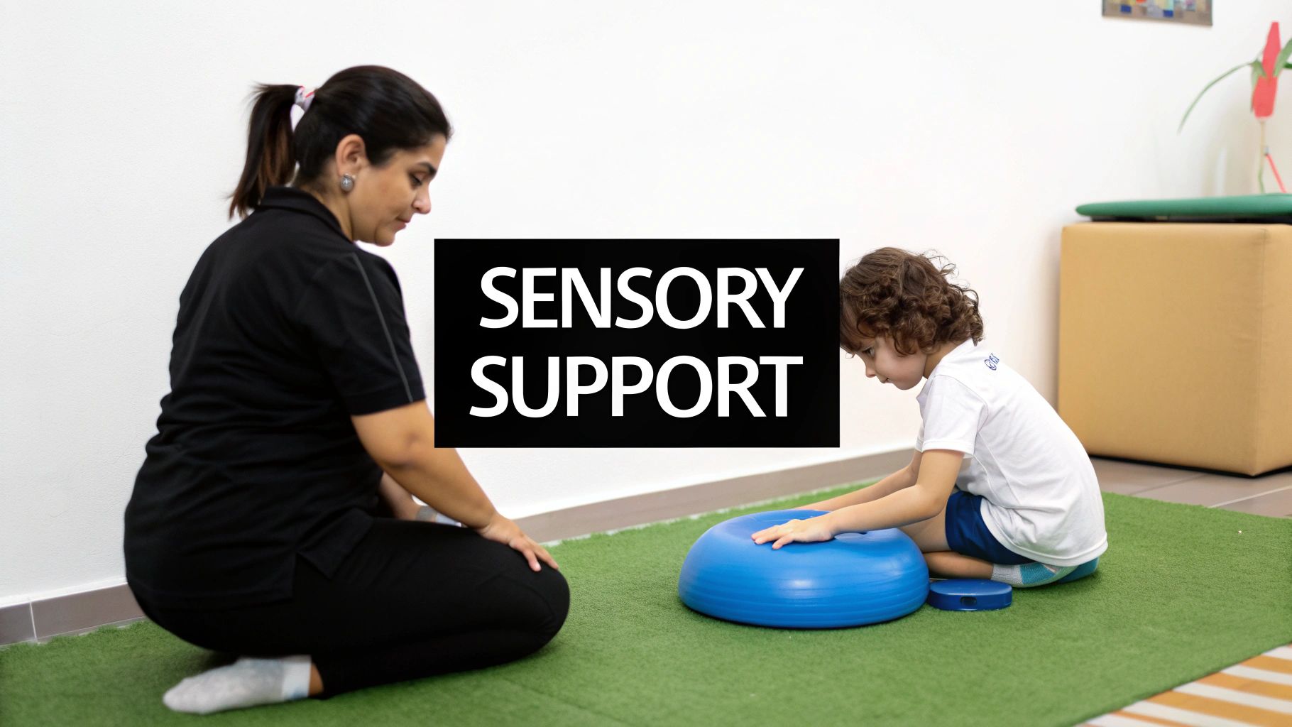 A child with autism working with an occupational therapist using sensory tools