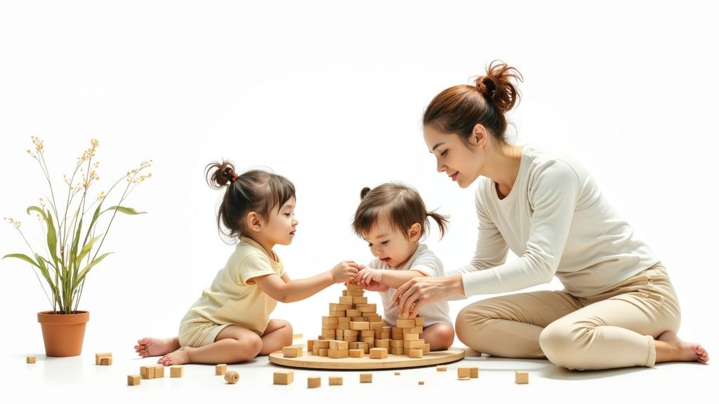 A mother and two young children happily building a tower with wooden blocks on a white floor.