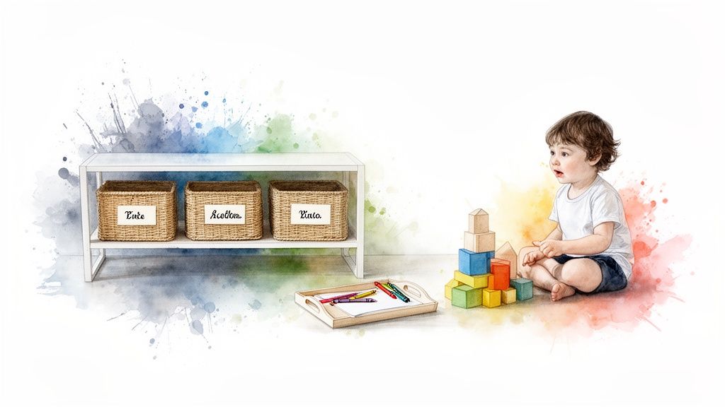 Indoor Activities for Kids at Home: 10 Therapy-Backed Ideas 2 A toddler plays with colorful building blocks next to a shelf with baskets and crayons.