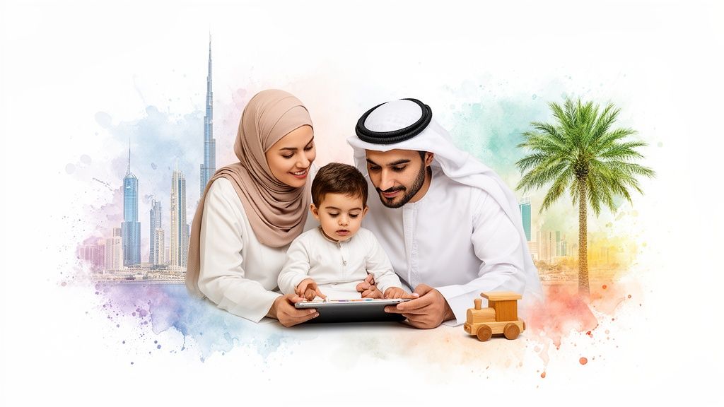 Happy Emirati family with child using a digital tablet, with Dubai skyline and palm tree background.