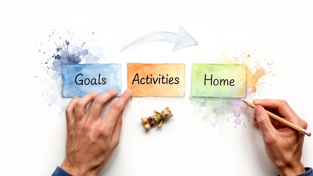 Hands interact with watercolor cards: Goals, Activities, Home, illustrating life planning or task management.