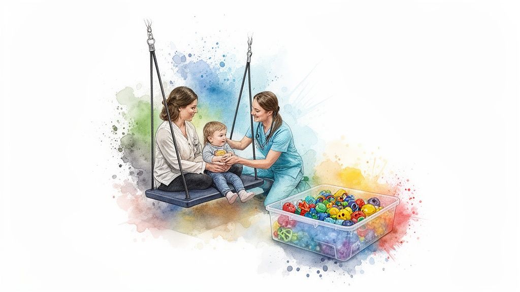 Mother and child engaged in sensory play with a therapist and colorful toys in a bright room.