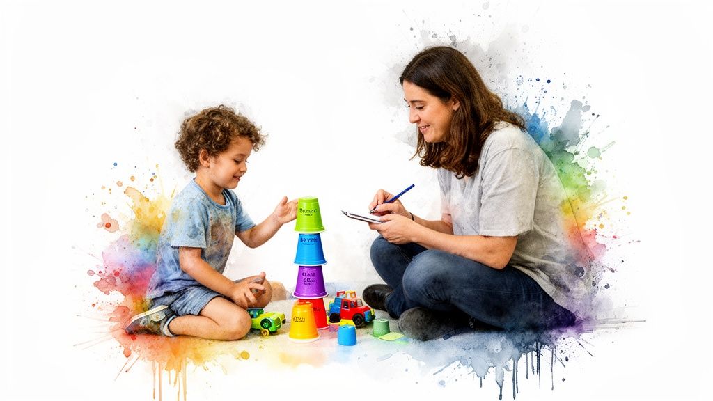 A child stacks colorful cups during a play therapy session with a speech pathologist.