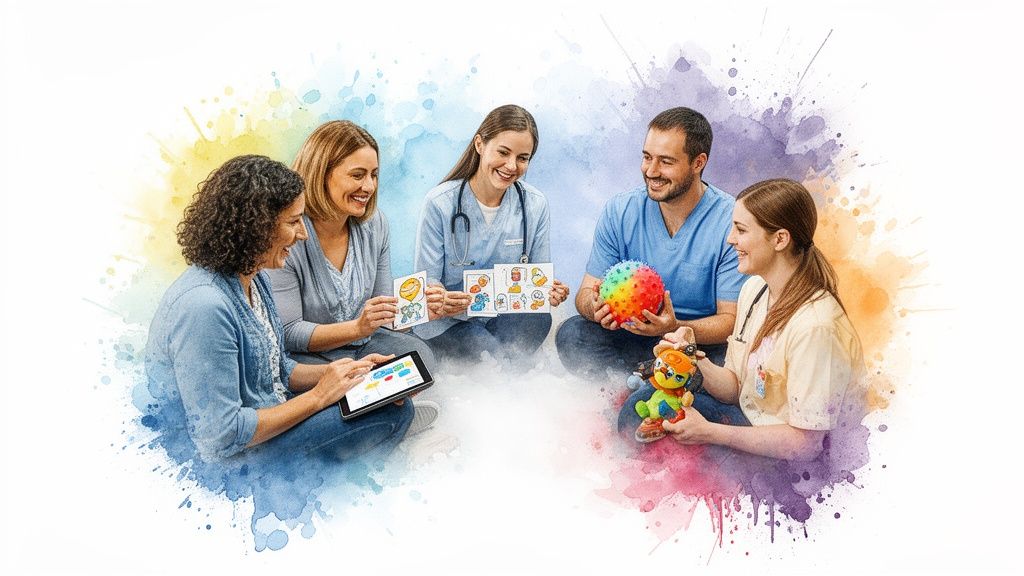 Diverse healthcare professionals and parents smiling, collaborating on child development with educational tools.